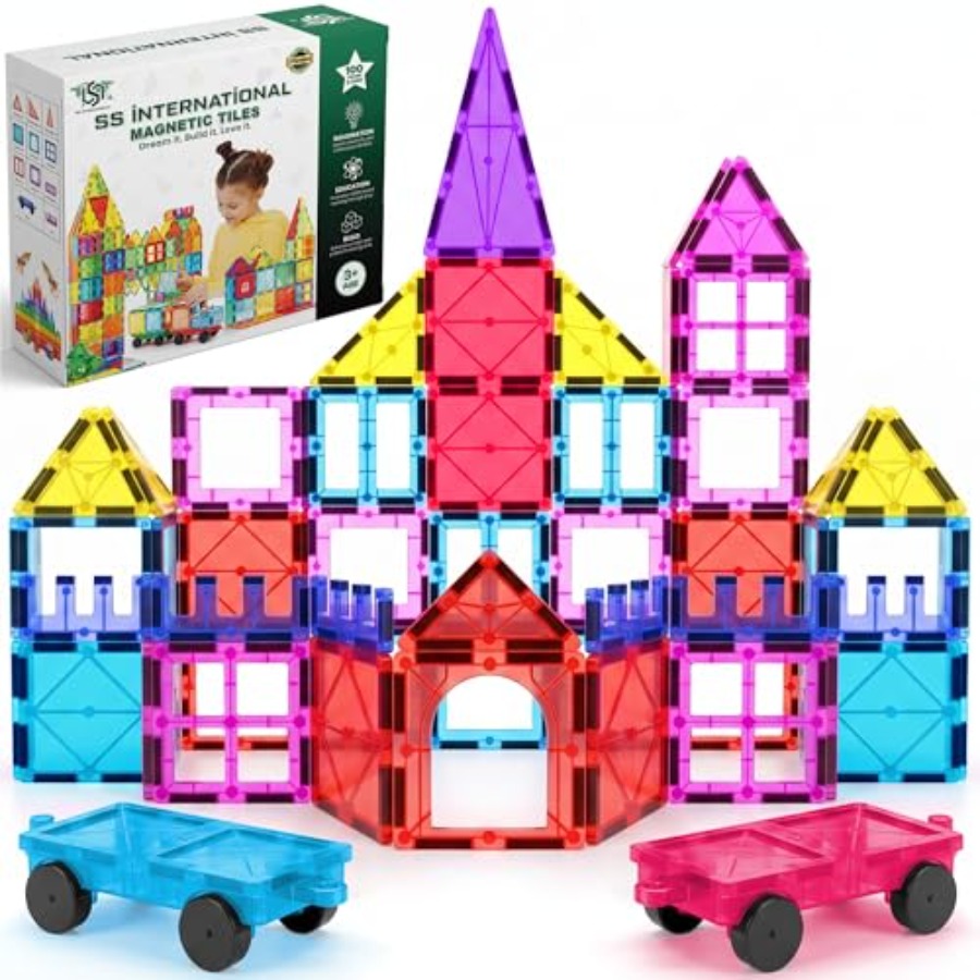 Magnetic Building Tiles Set 100Pcs - 磁気タイル組み立てセット 100ピース 2台の車付き STEM学習と幼児教育玩具 クリエイティブ磁気ビルディング
