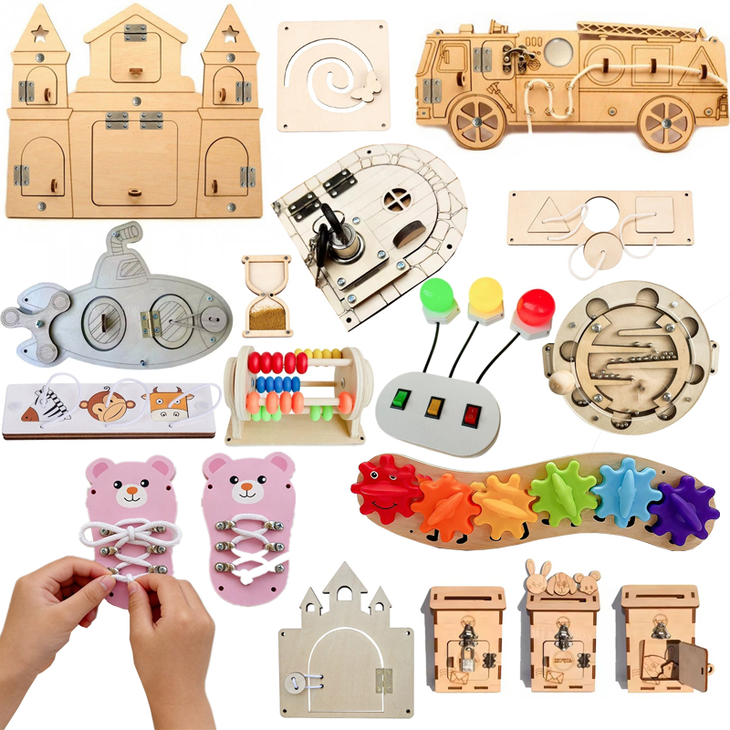 Montessori Wooden Busy Board Toddler - DIY モンテッソーリビジーボード木製アクセサリーイチゴ車ネクタイ靴ひもボード城早期教育玩具子供のためのギフト