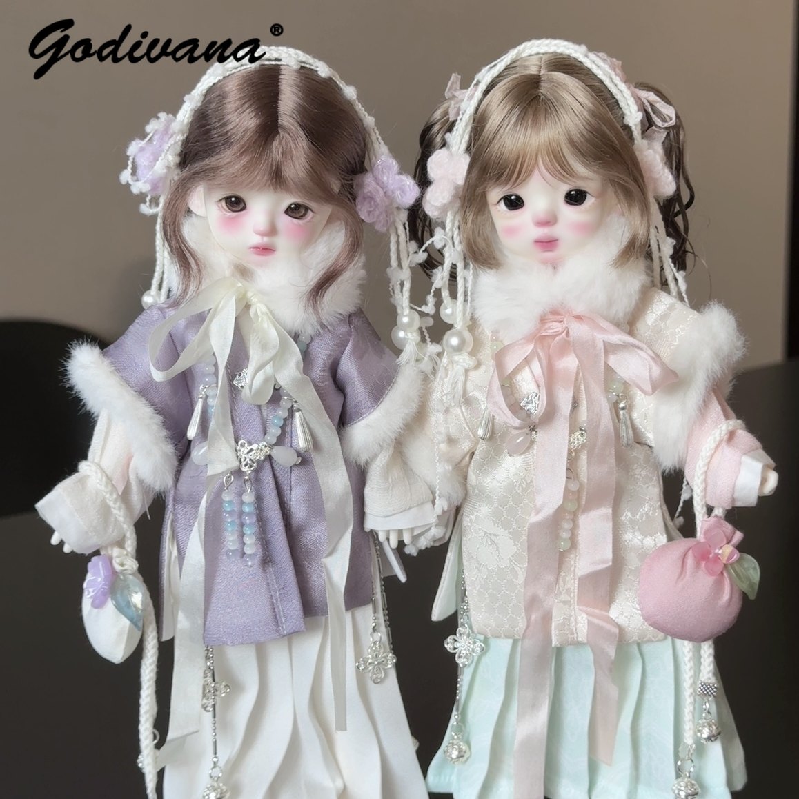 Bjd Doll 1 6 Full Set With Clothes - 1/6スケールのBJD人形用、伝統的な明代の漢服セット。フェイクファーの襟付きジャケット、マミアンクン（マミアンクンは漢服の一種）スカート、ヘアアクセサリー、ポーチが付属のフルセット。
