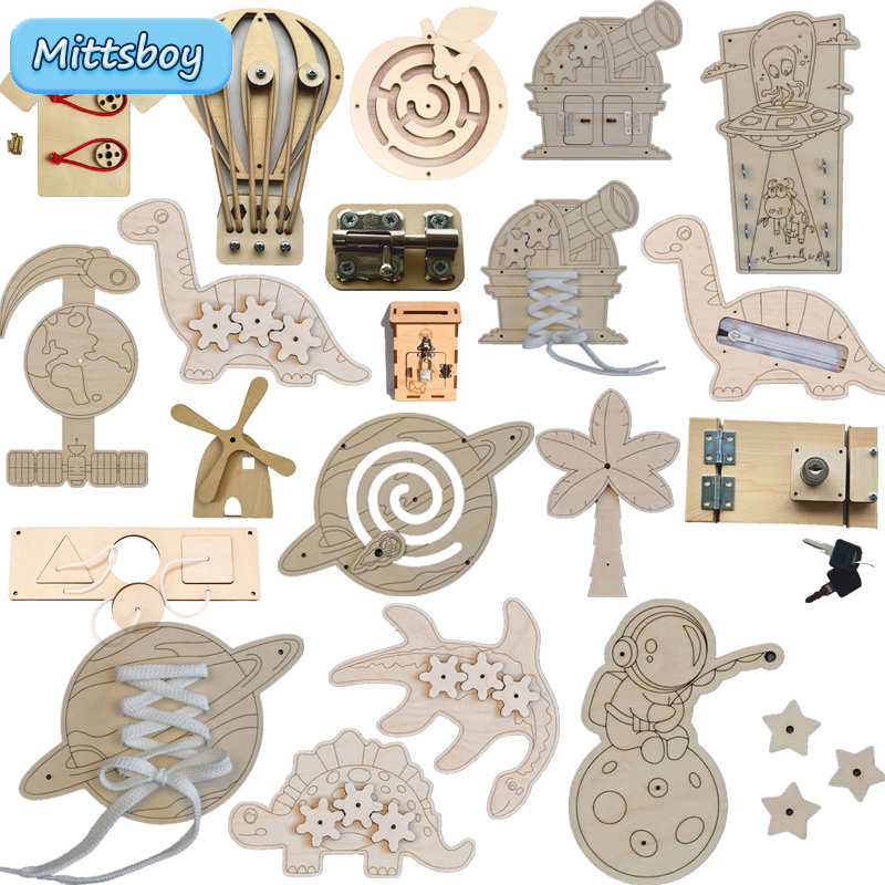 Montessori Wooden Busy Board Toddler - モンテッソーリ-ビジーボードのアクセサリー,木製のおもちゃ,恐竜,ジッパー,地球,ロック解除,教育玩具,早期教育,トレーニング,ギフト