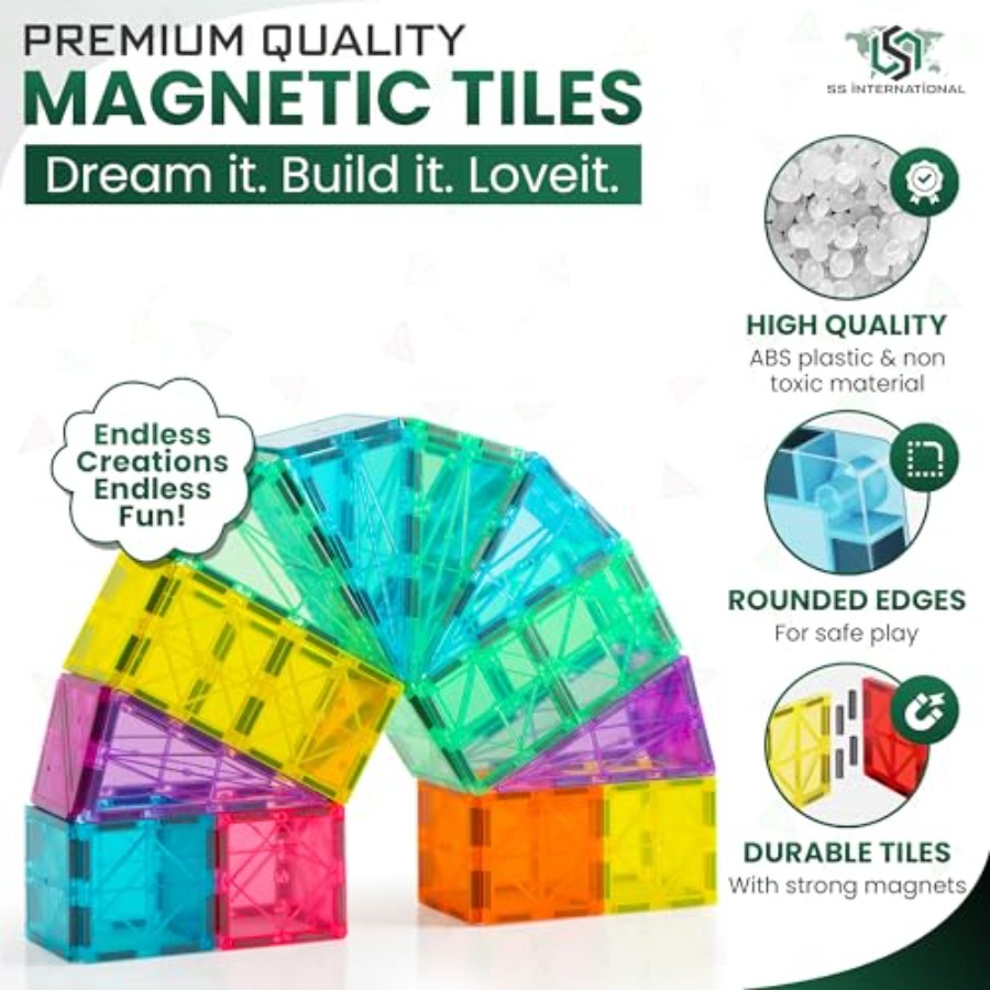 磁気タイル組み立てセット 100ピース 2台の車付き STE - Magnetic Building Tiles Set 100Pcs のレビューと価格